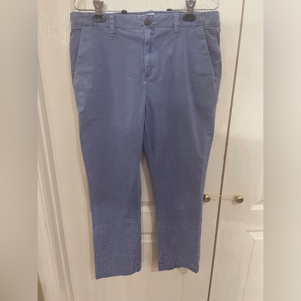 Blue chino style pant with eyelet trim on bottom leg, Gap